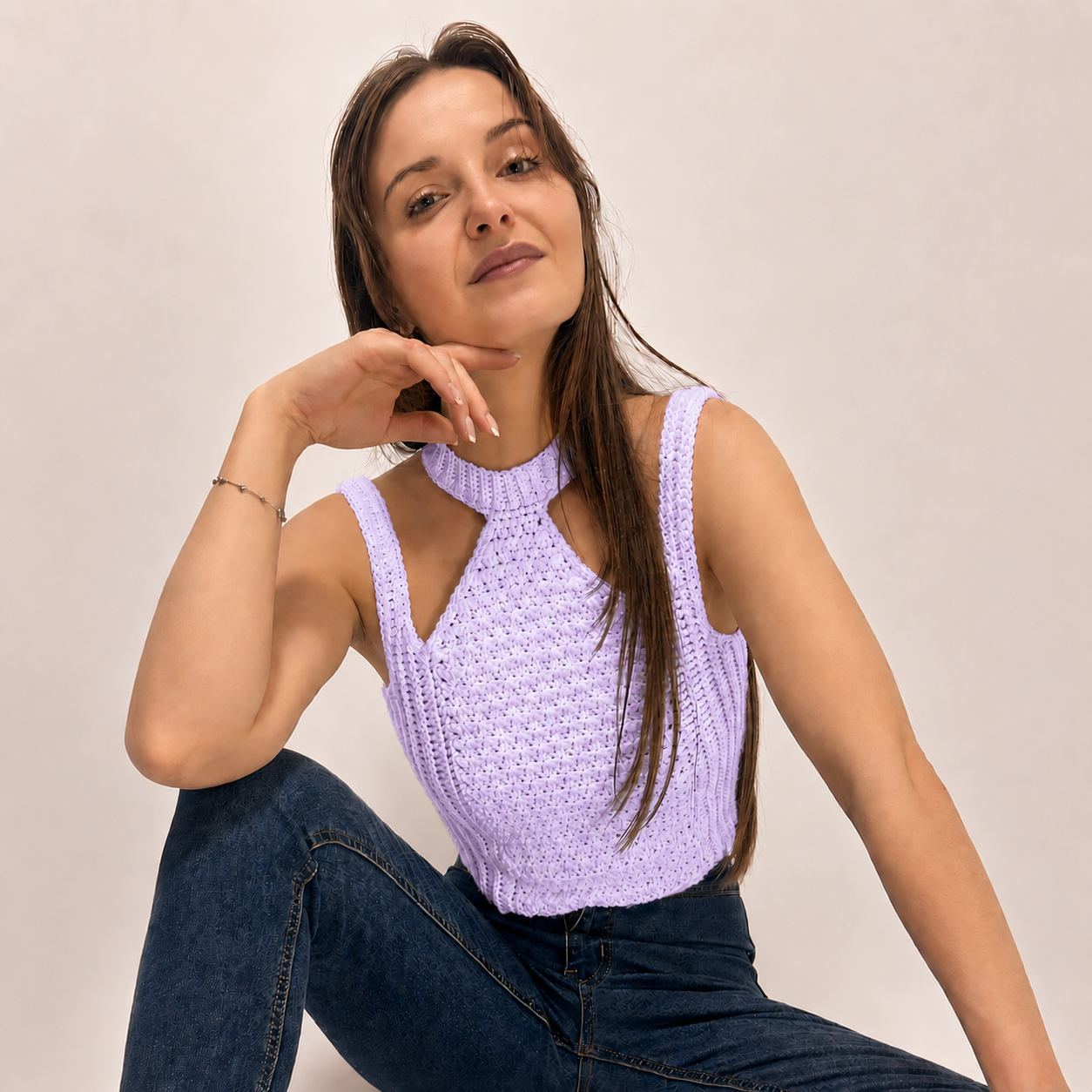 Modern Touch - Crochet Mock Neck Cutout Top