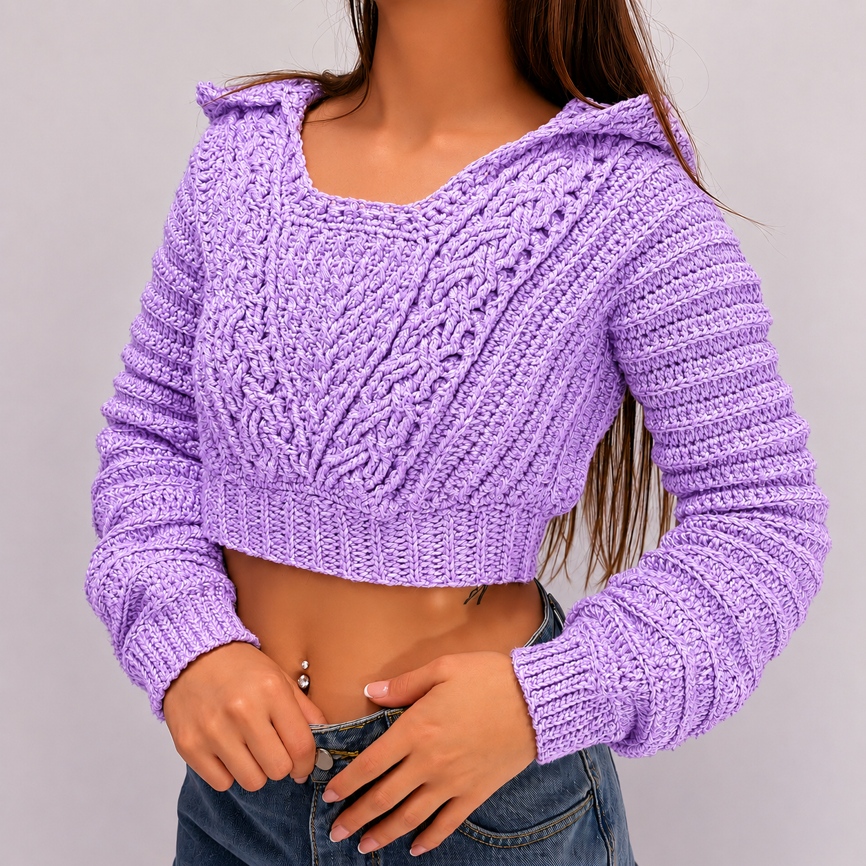 Cozy - Crochet Cable Knit Cropped Hoodie