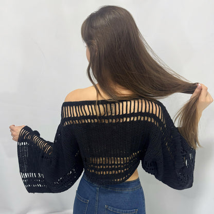 Effortlessly - Boho Crochet Bell Sleeve Crop Top