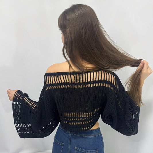 Effortlessly - Boho Crochet Bell Sleeve Crop Top