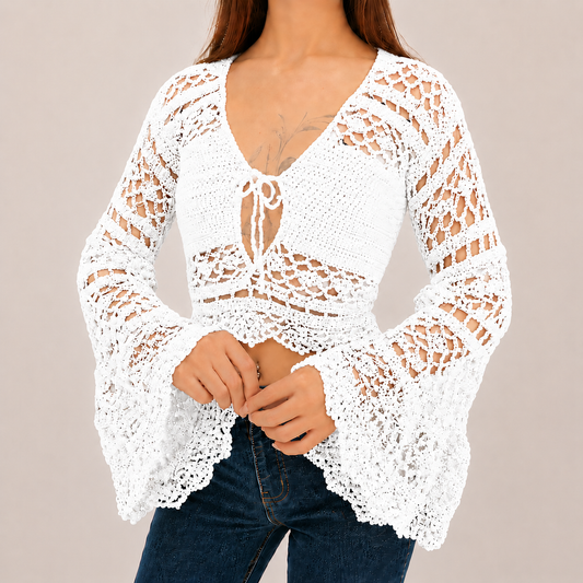 Dark Romance - Boho Lace Hollow-Out Tie-Front Crochet Cardigan
