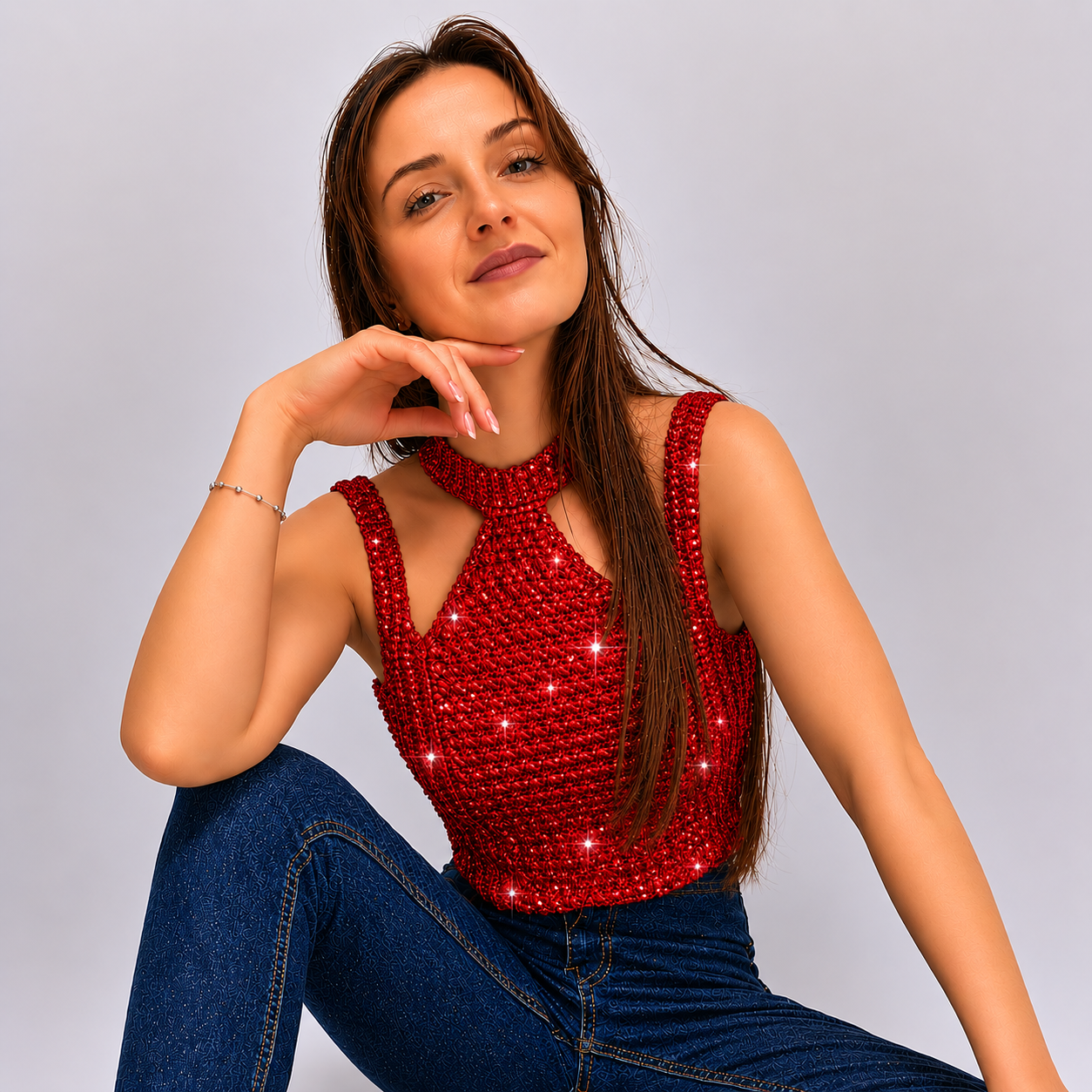 Modern Touch - Crochet Mock Neck Cutout Top