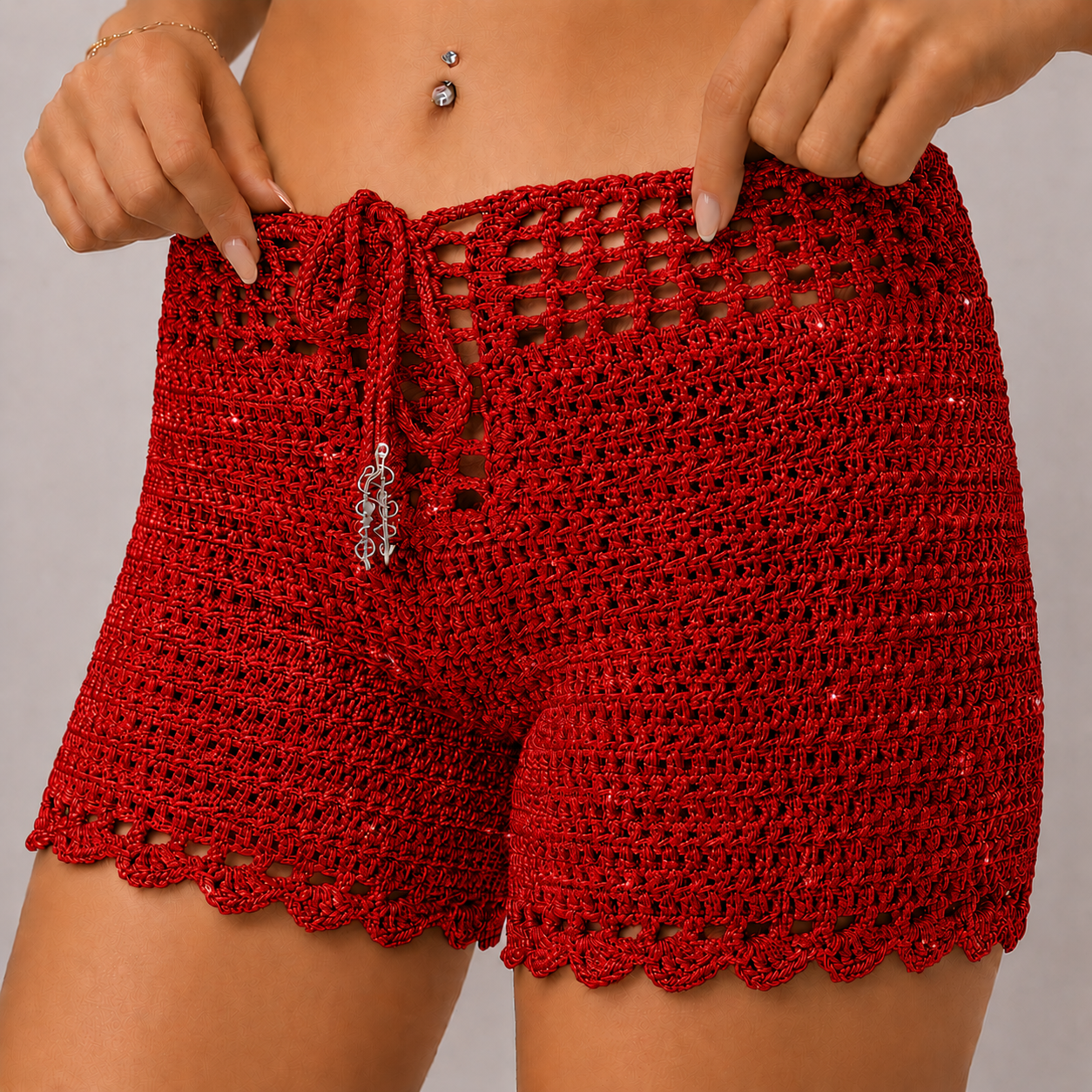 Cloud Nine - High-Waisted Crochet Shorts with Drawstring & Scalloped Hem