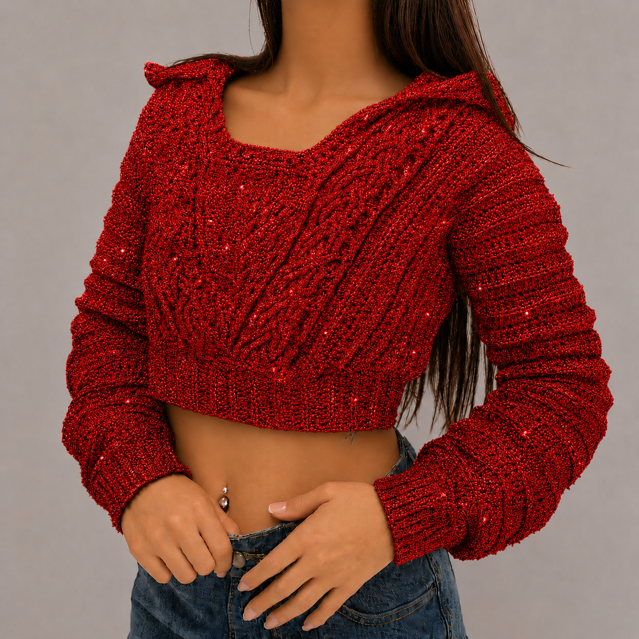 Cozy - Crochet Cable Knit Cropped Hoodie