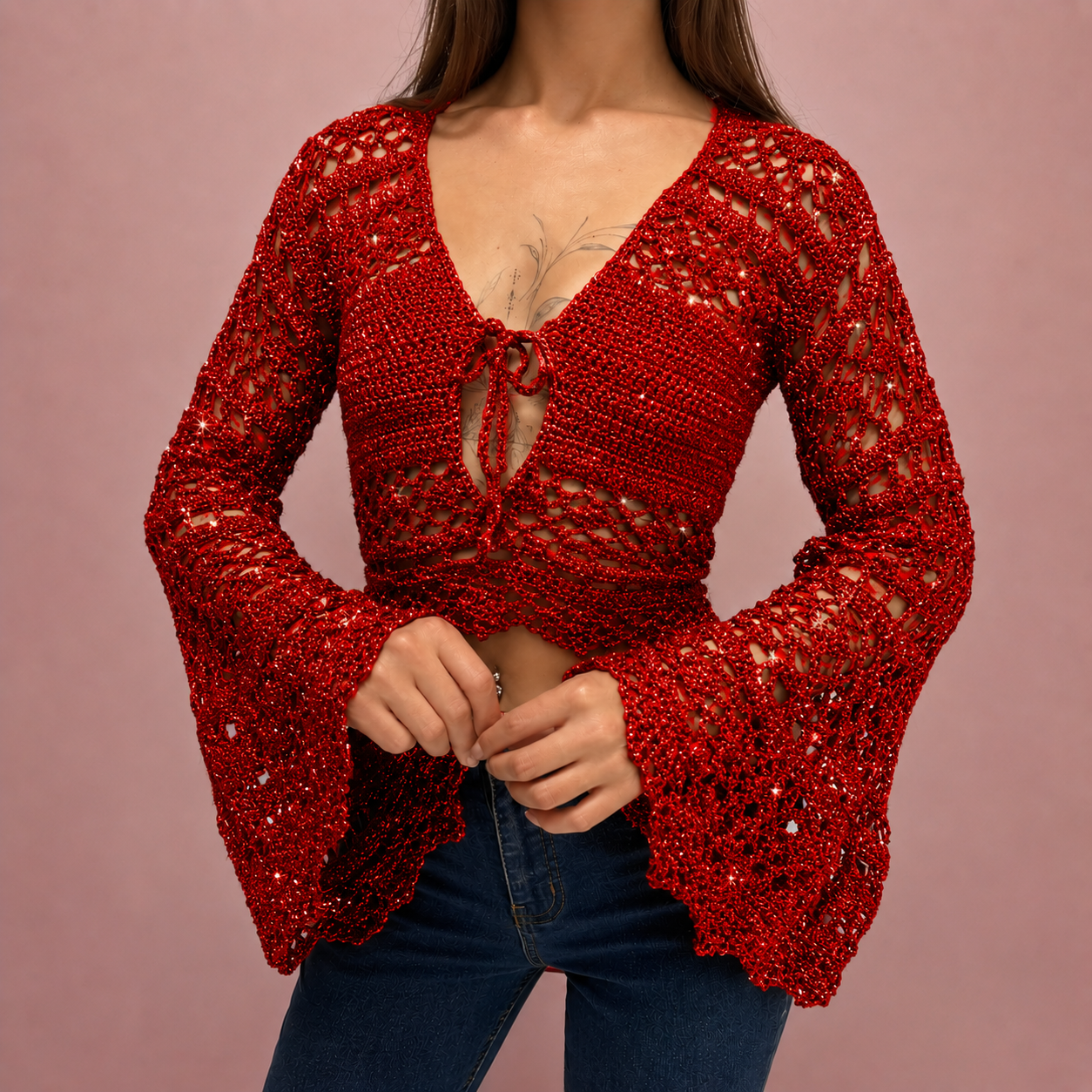 Dark Romance - Boho Lace Hollow-Out Tie-Front Crochet Cardigan