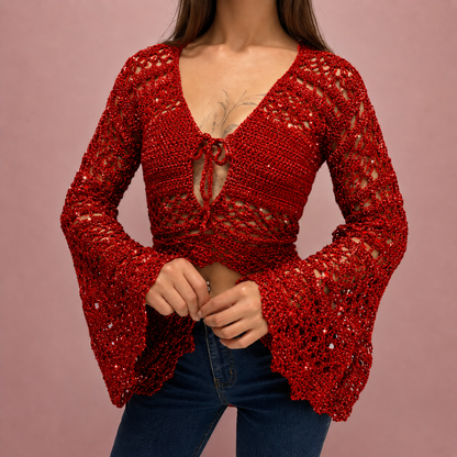 Dark Romance - Boho Lace Hollow-Out Tie-Front Crochet Cardigan