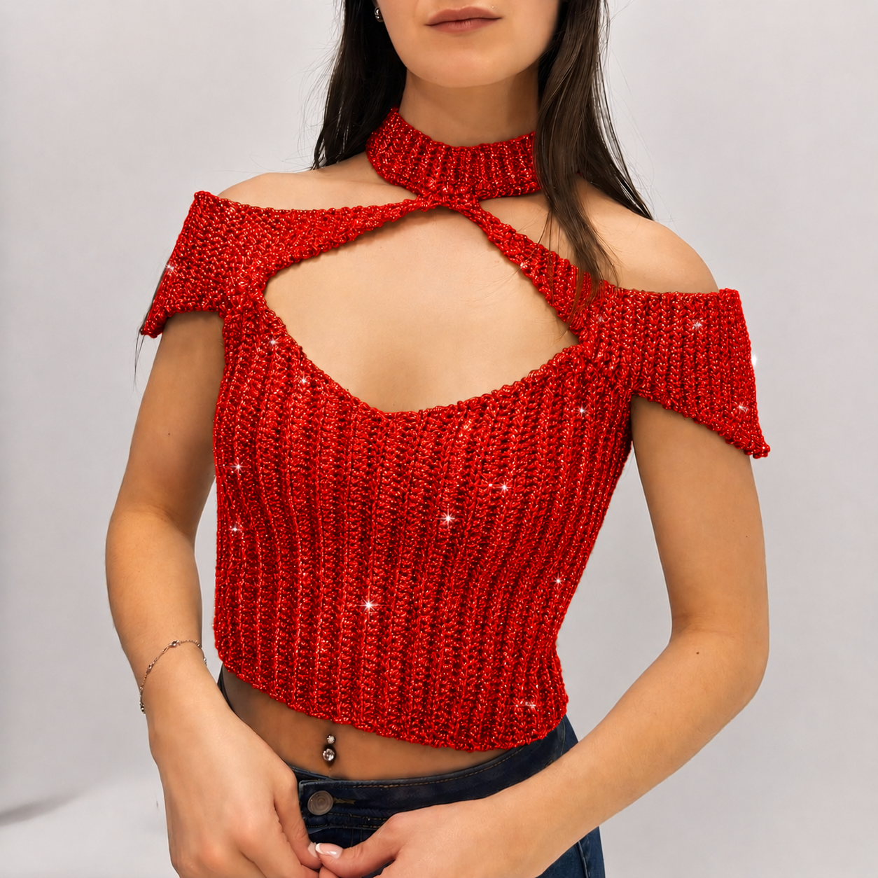 Confidence - Crochet Off-Shoulder Mock Neck Cutout Top