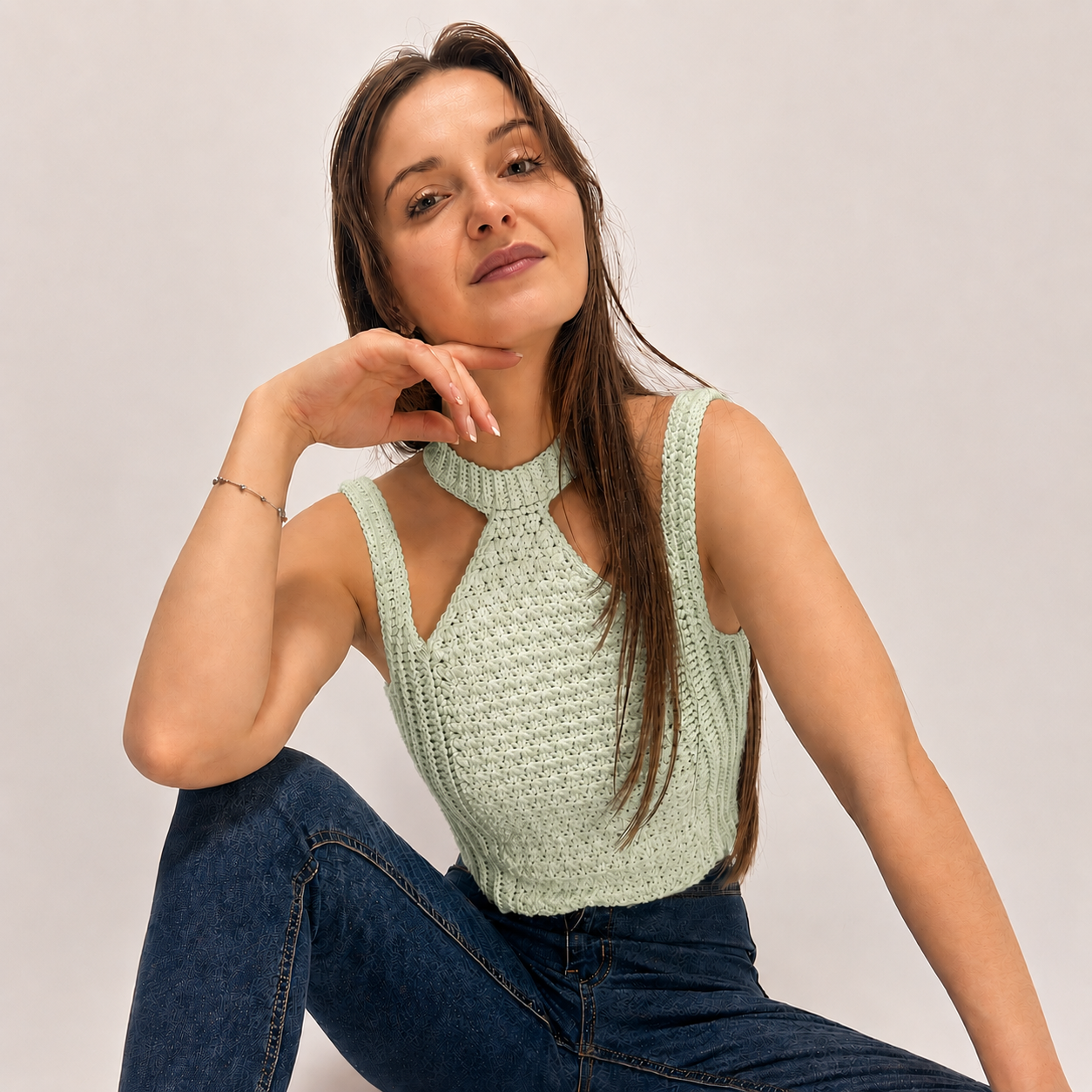 Modern Touch - Crochet Mock Neck Cutout Top