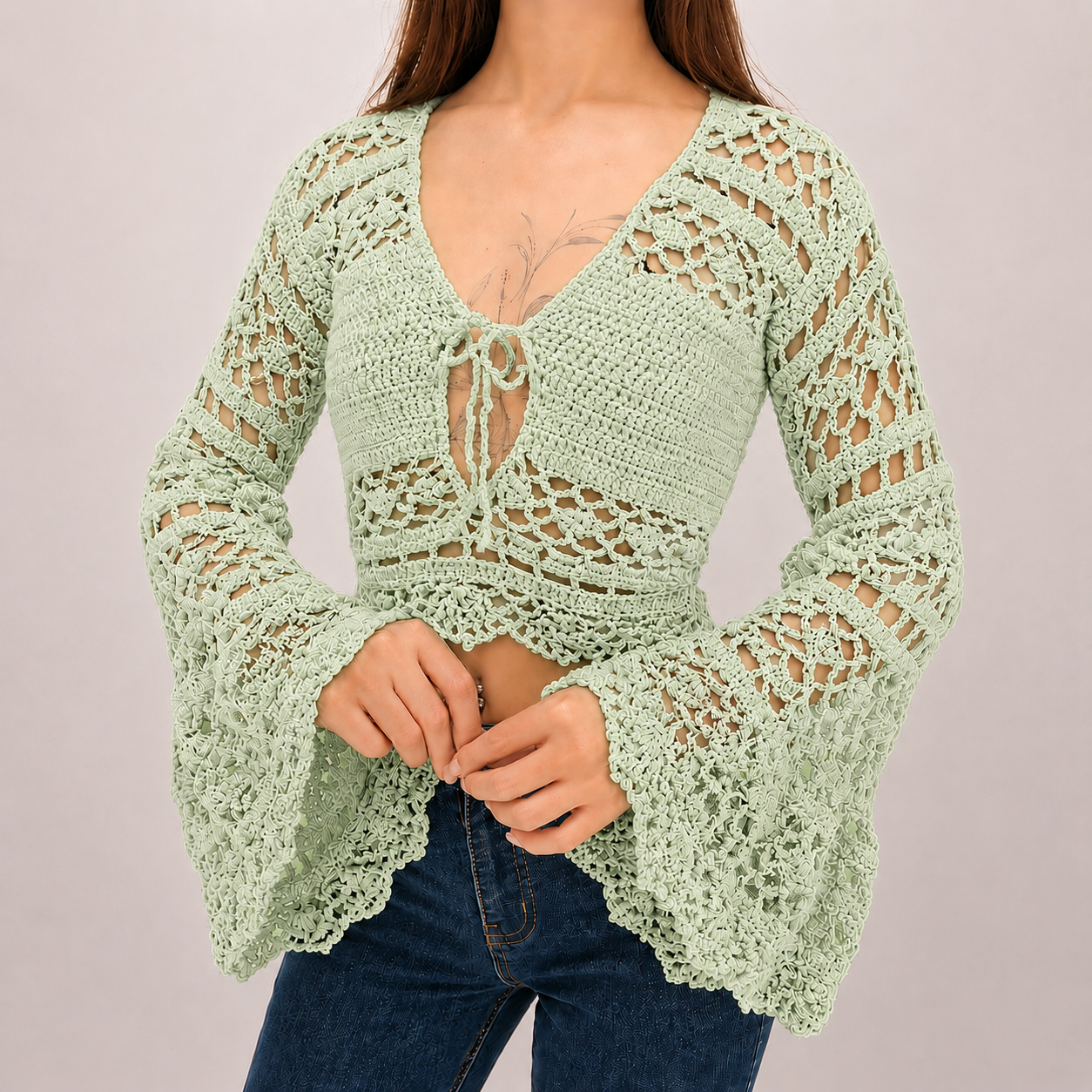 Dark Romance - Boho Lace Hollow-Out Tie-Front Crochet Cardigan