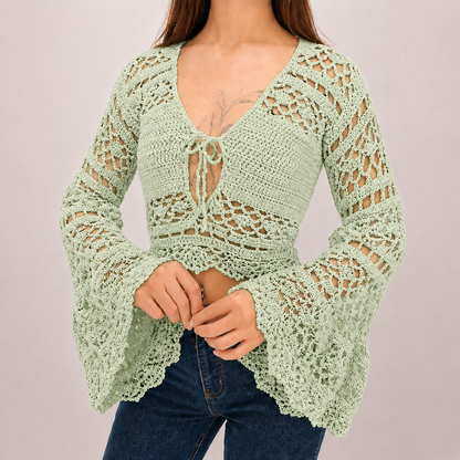 Dark Romance - Boho Lace Hollow-Out Tie-Front Crochet Cardigan