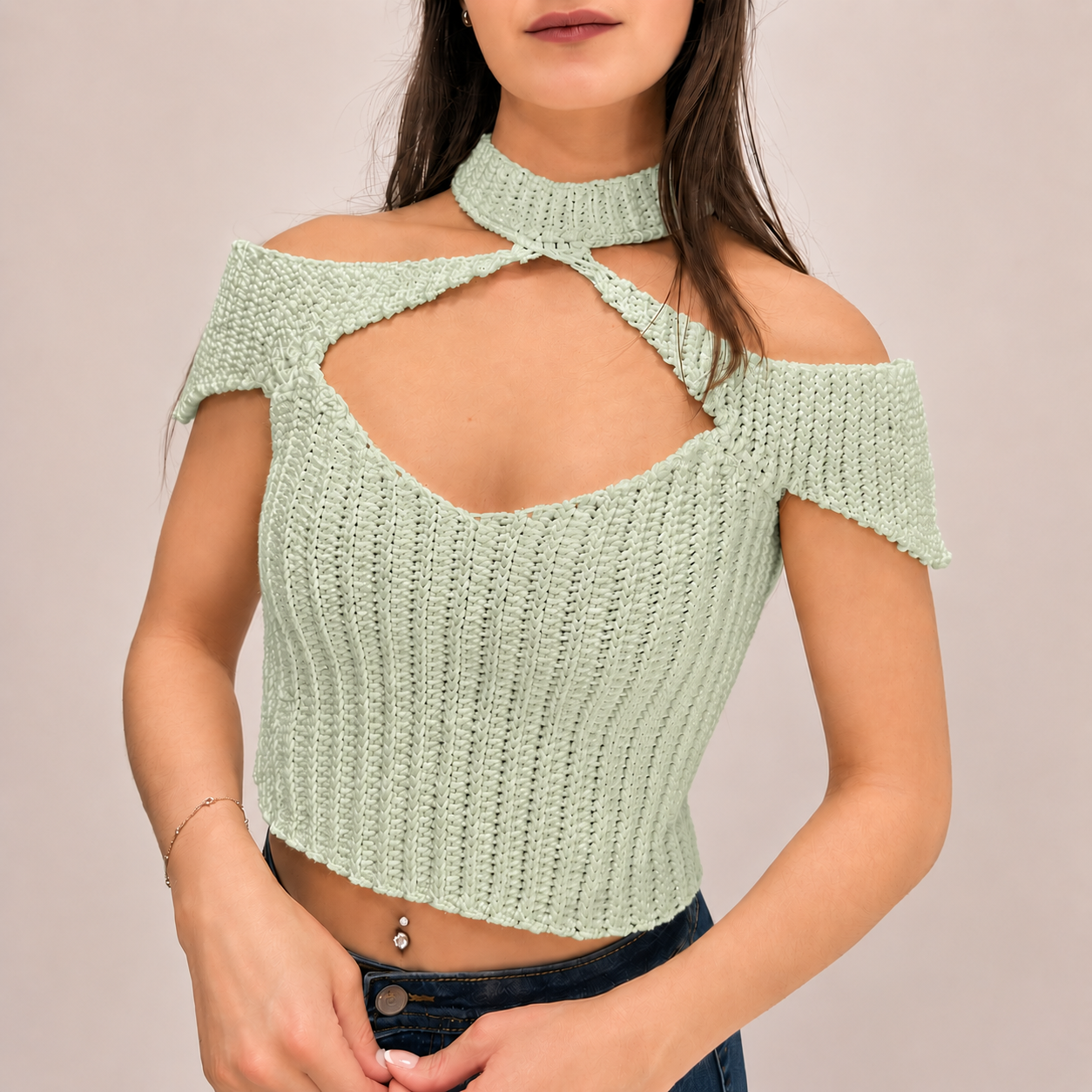 Confidence - Crochet Off-Shoulder Mock Neck Cutout Top