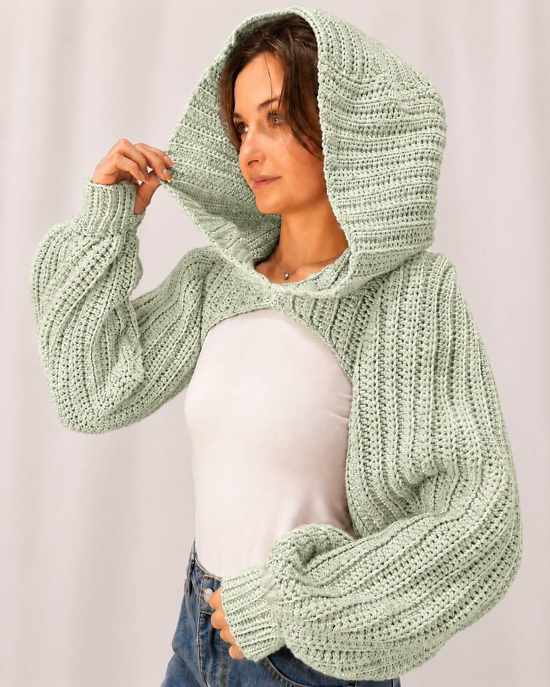 Breezy - Crochet Hoodie Shrug with Balloon Sleeves