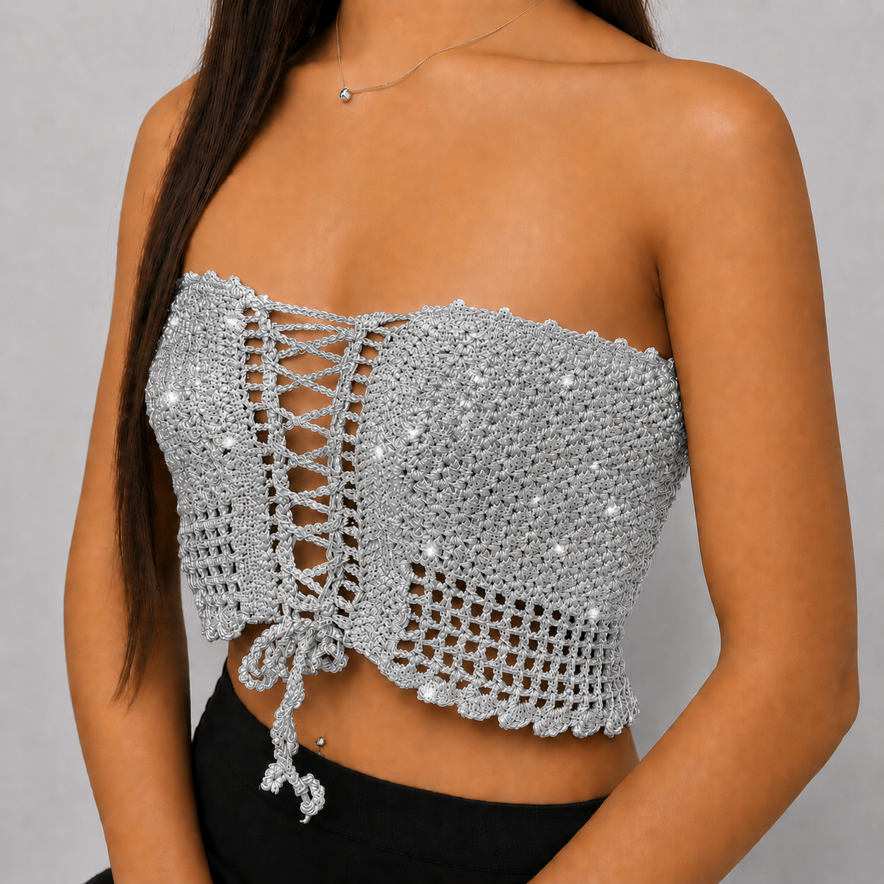 Laced Up - Crochet Lace-Up Corset Crop Top