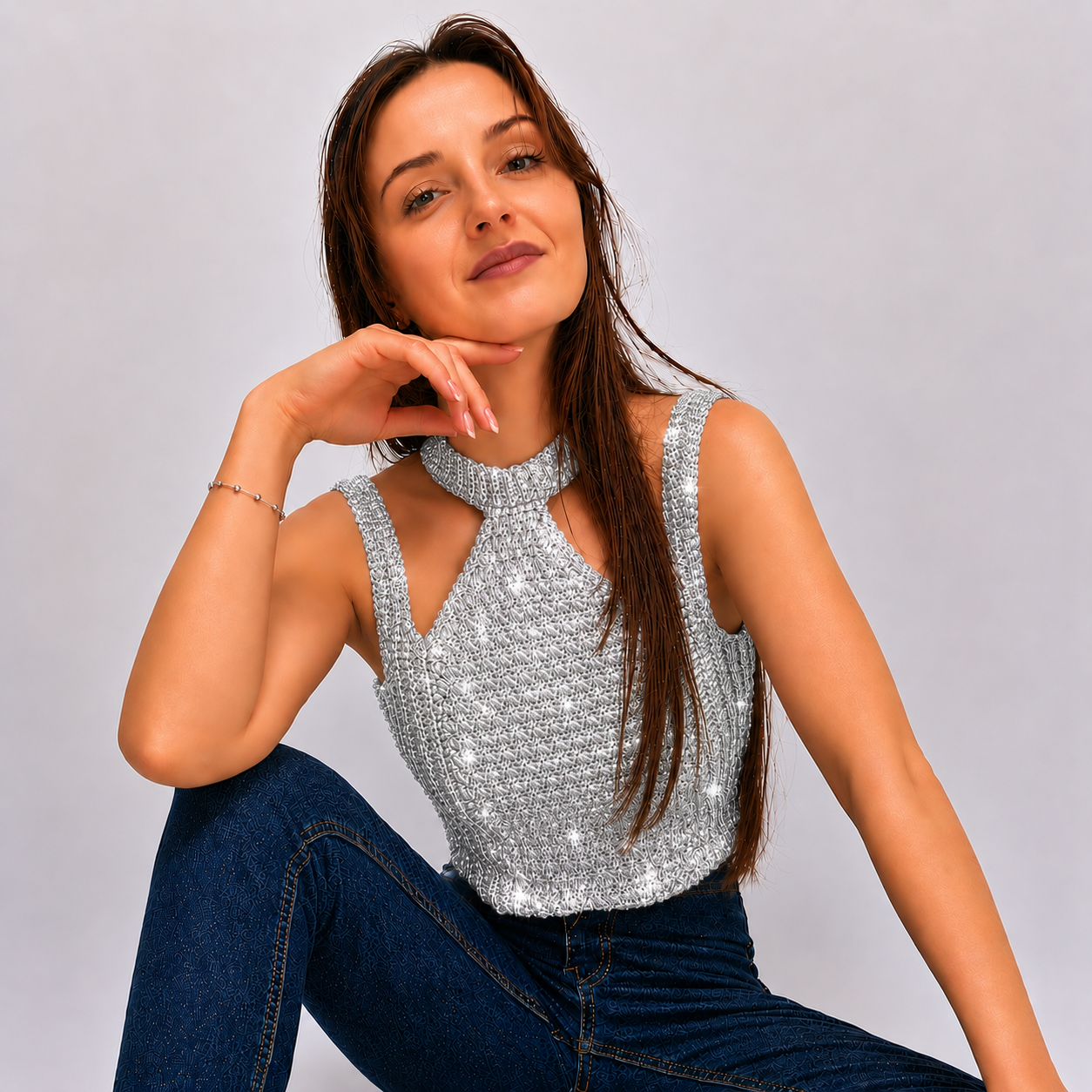 Modern Touch - Crochet Mock Neck Cutout Top