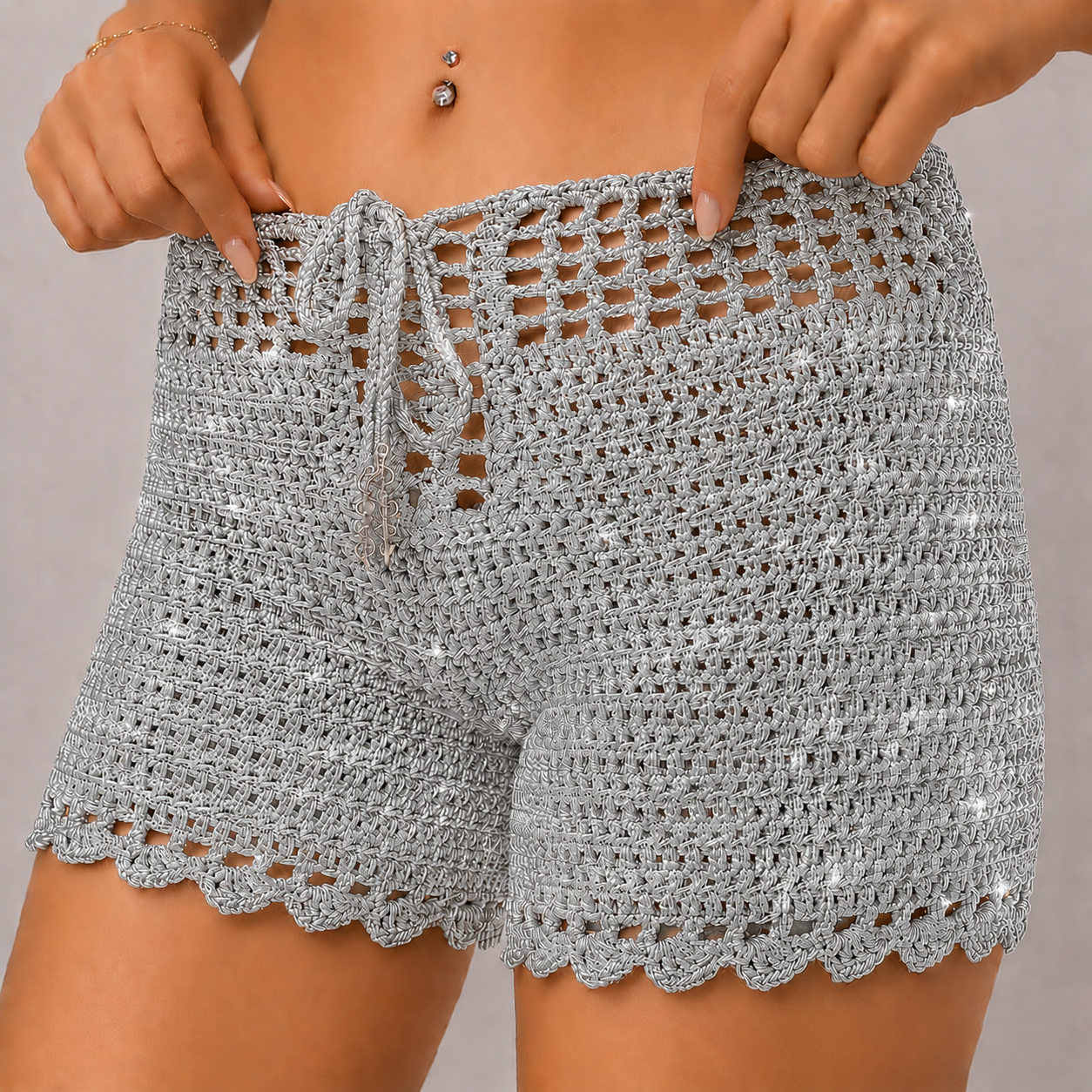 Cloud Nine - High-Waisted Crochet Shorts with Drawstring & Scalloped Hem
