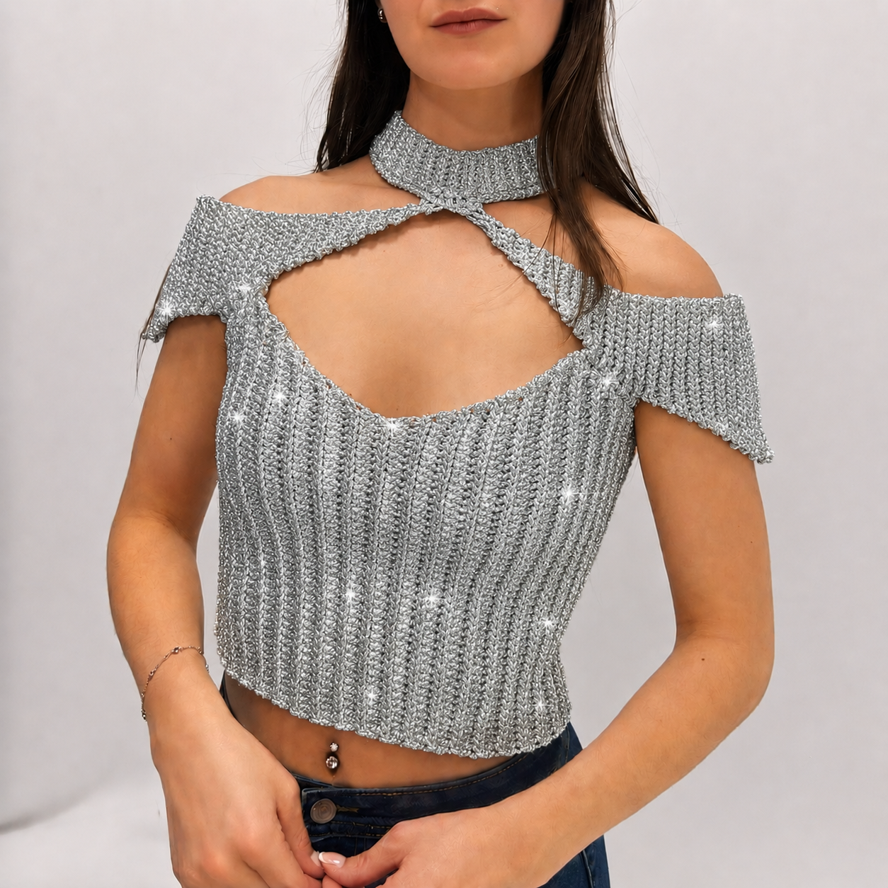 Confidence - Crochet Off-Shoulder Mock Neck Cutout Top