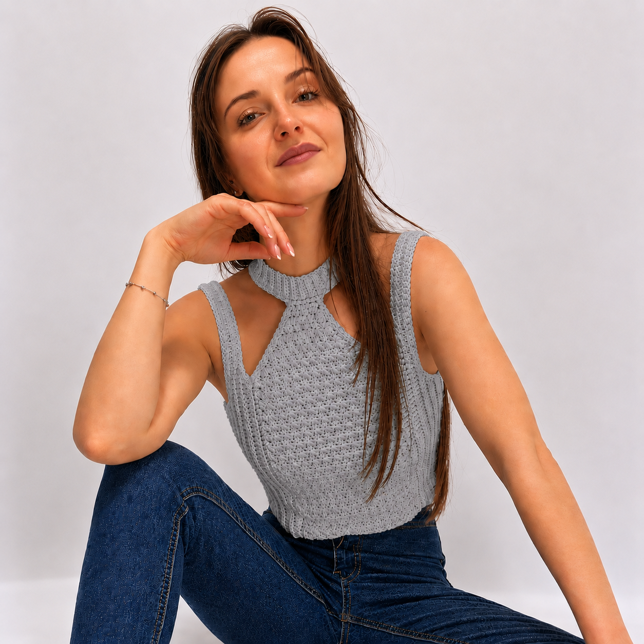 Modern Touch - Crochet Mock Neck Cutout Top