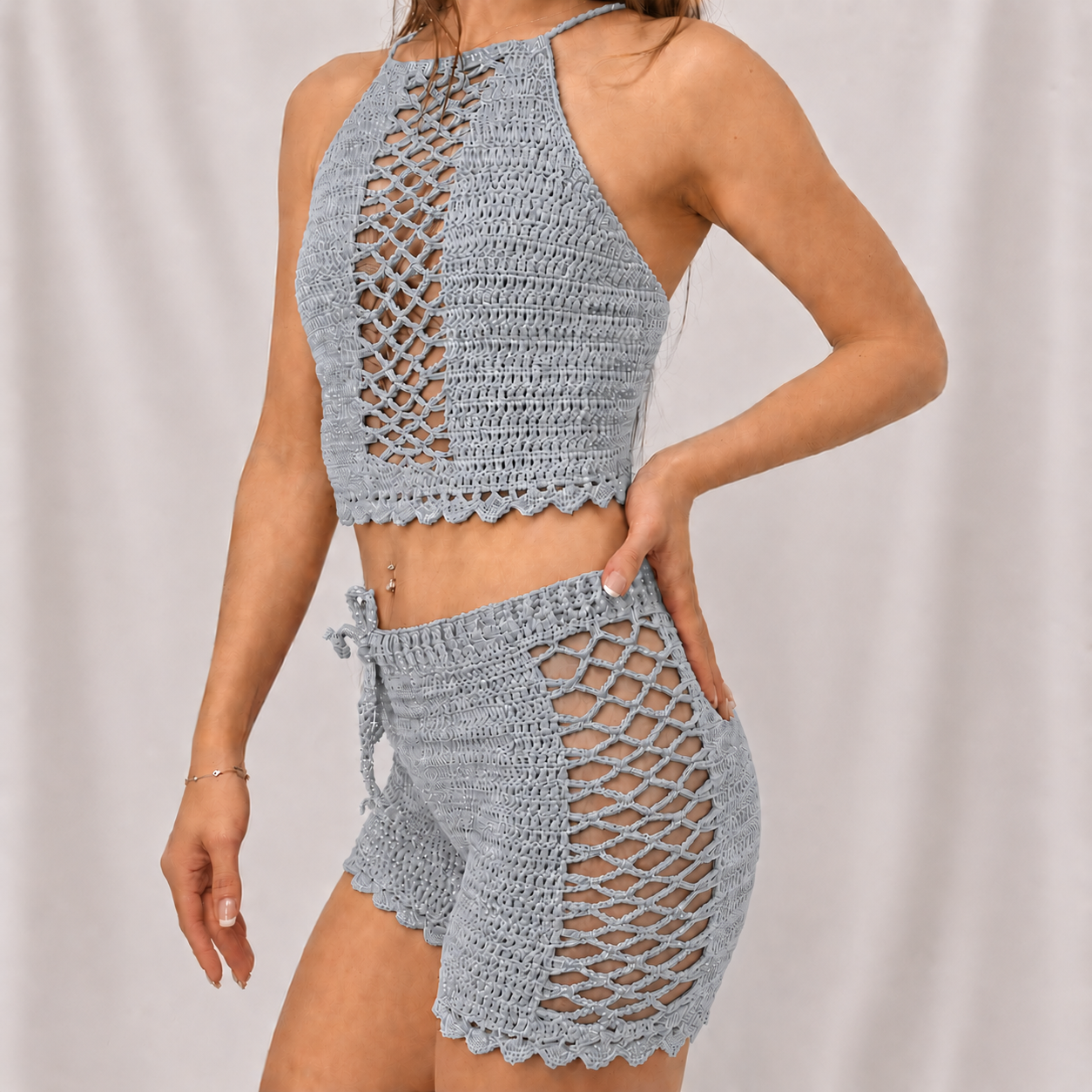 Sun Chaser - Crochet Halter Crop Top & Side-Mesh Shorts Two-Piece Festival Set