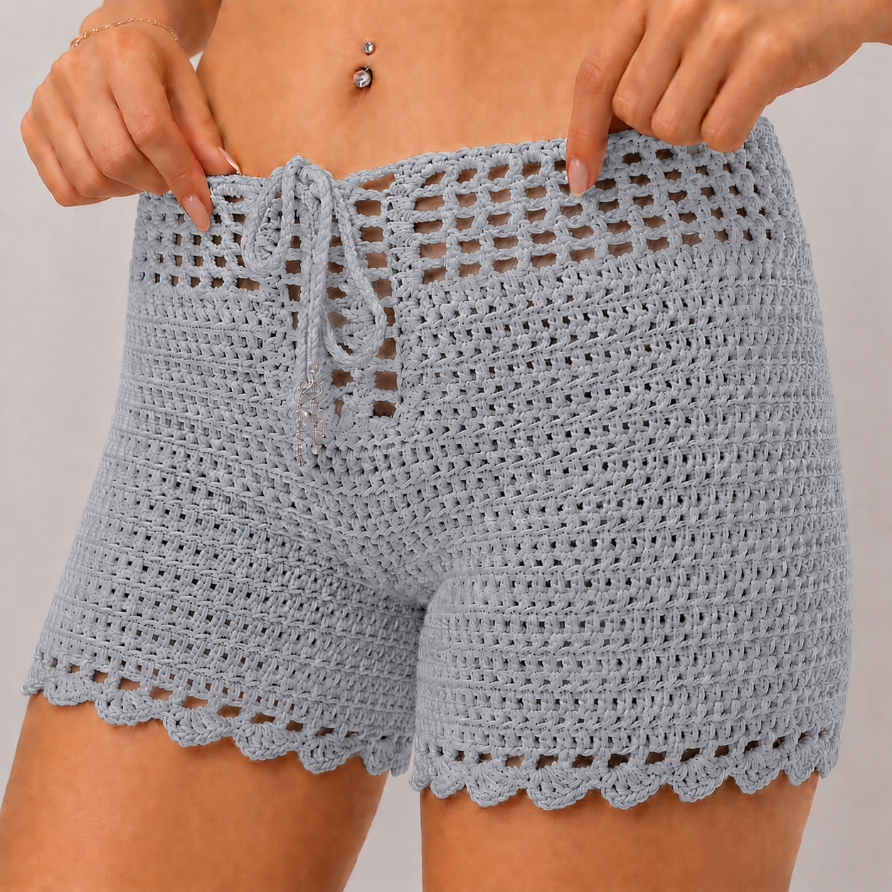 Cloud Nine - High-Waisted Crochet Shorts with Drawstring & Scalloped Hem