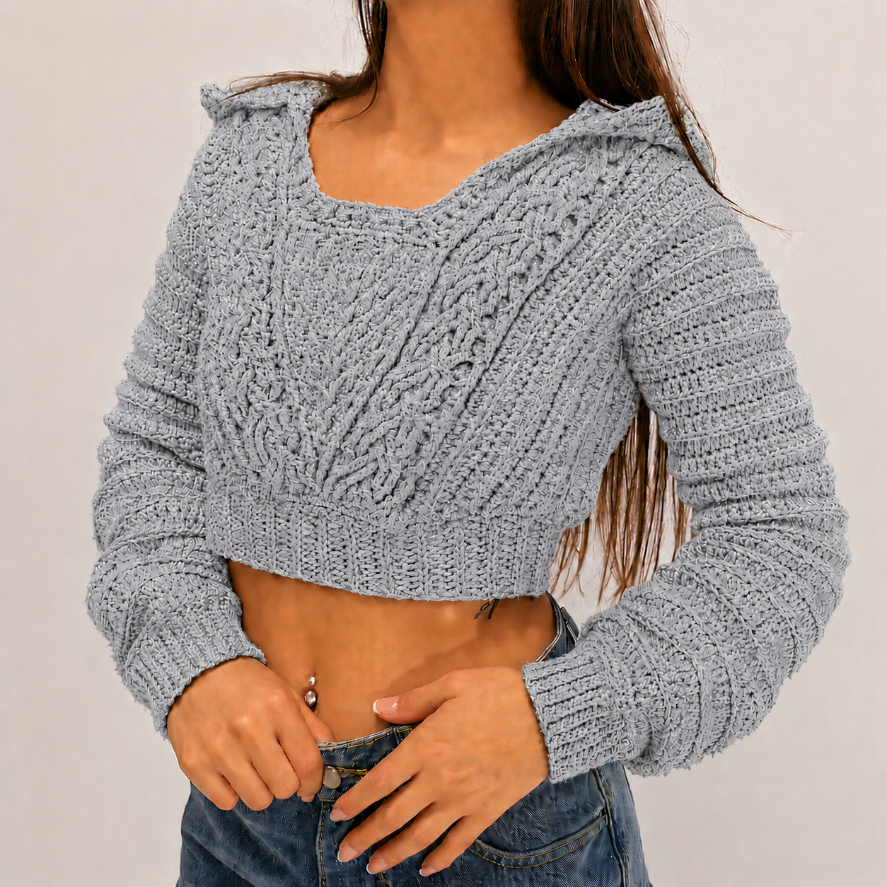 Cozy - Crochet Cable Knit Cropped Hoodie