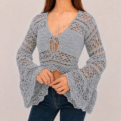 Dark Romance - Boho Lace Hollow-Out Tie-Front Crochet Cardigan