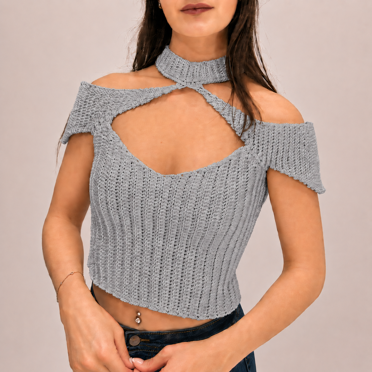 Confidence - Crochet Off-Shoulder Mock Neck Cutout Top