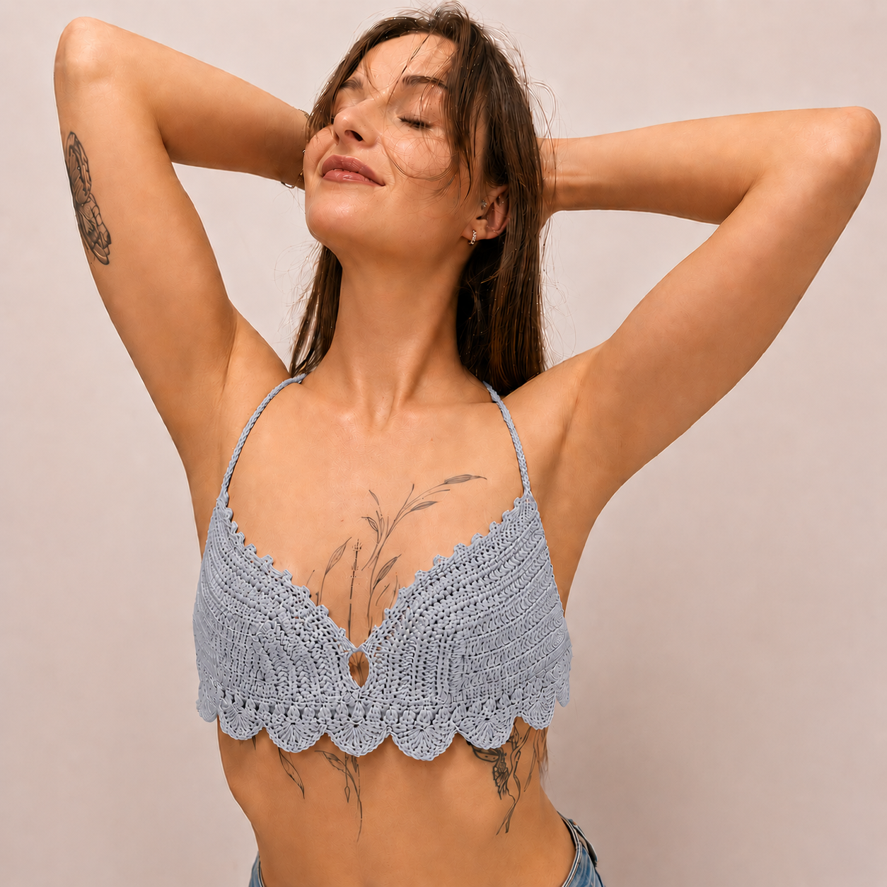 Delicate Elegance - Crochet Longline Scallop Edge Halterneck Bralette