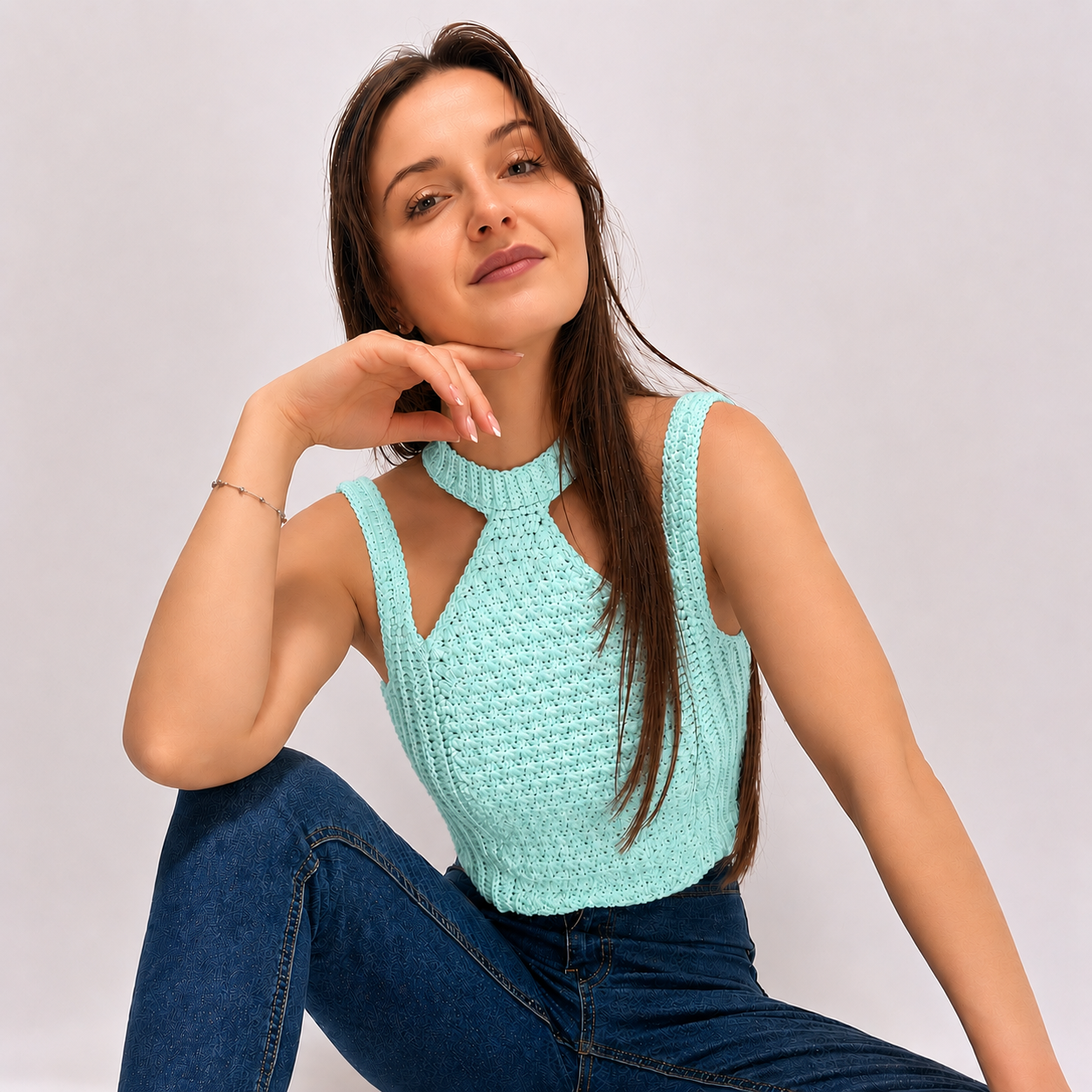 Modern Touch - Crochet Mock Neck Cutout Top