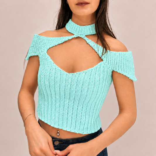 Confidence - Crochet Off-Shoulder Mock Neck Cutout Top