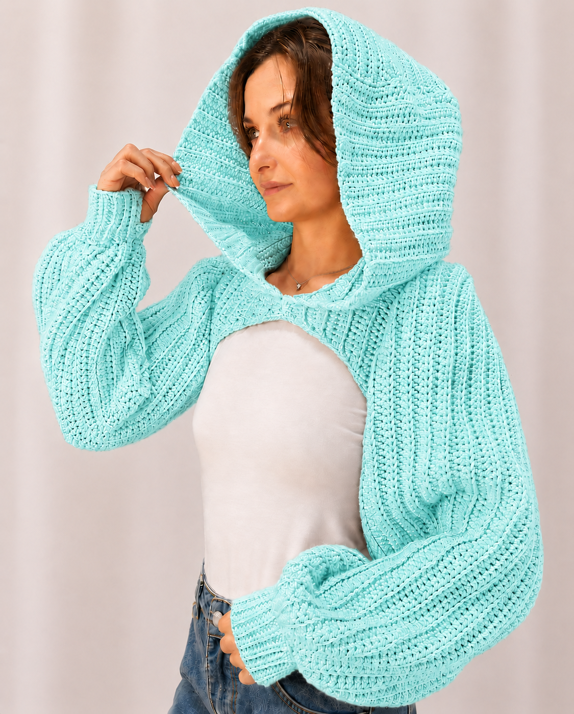Breezy - Crochet Hoodie Shrug with Balloon Sleeves